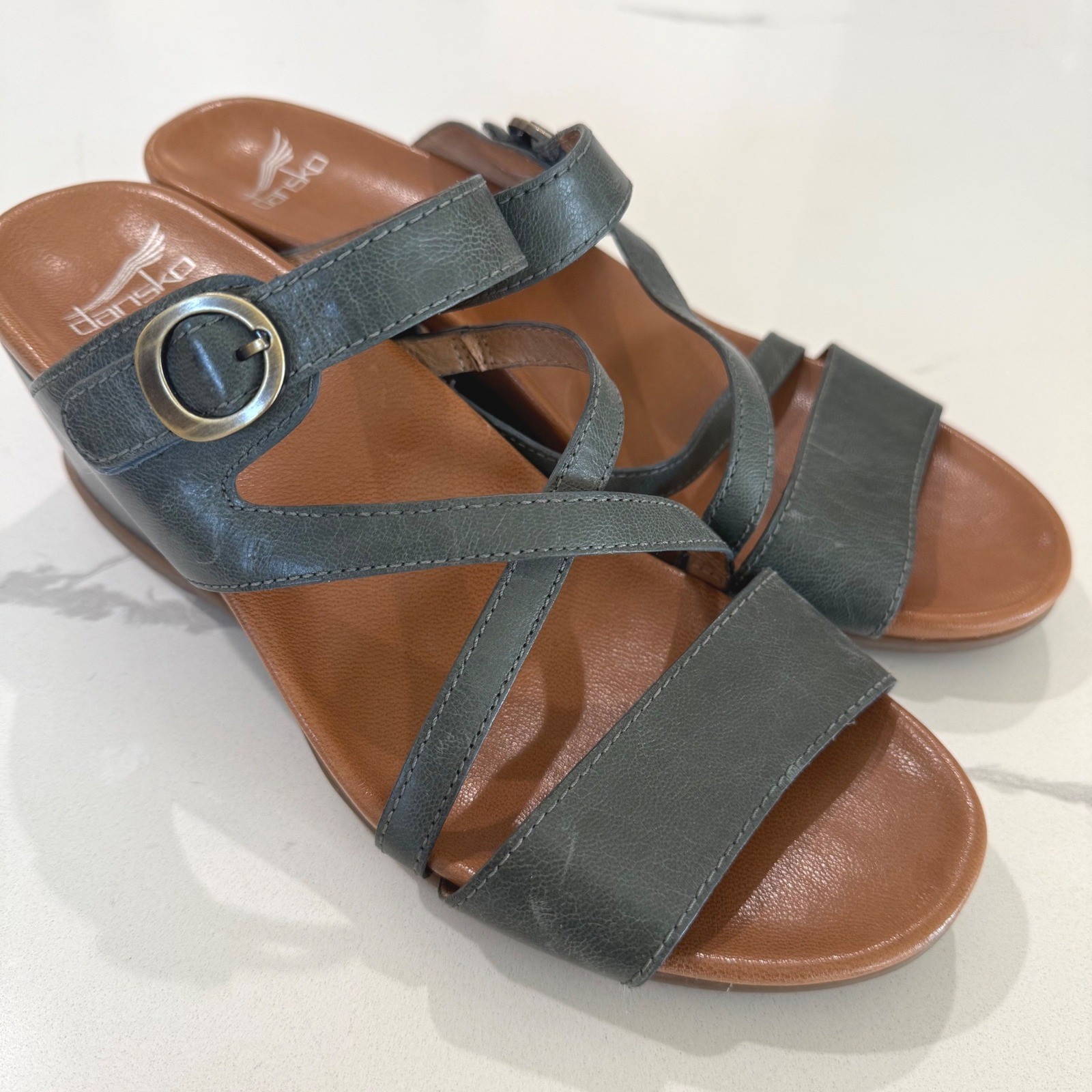 Dansko Ana Womens Gray Blue Leather Strappy Wedge Sandals Size 41 Shoes 10.5-11