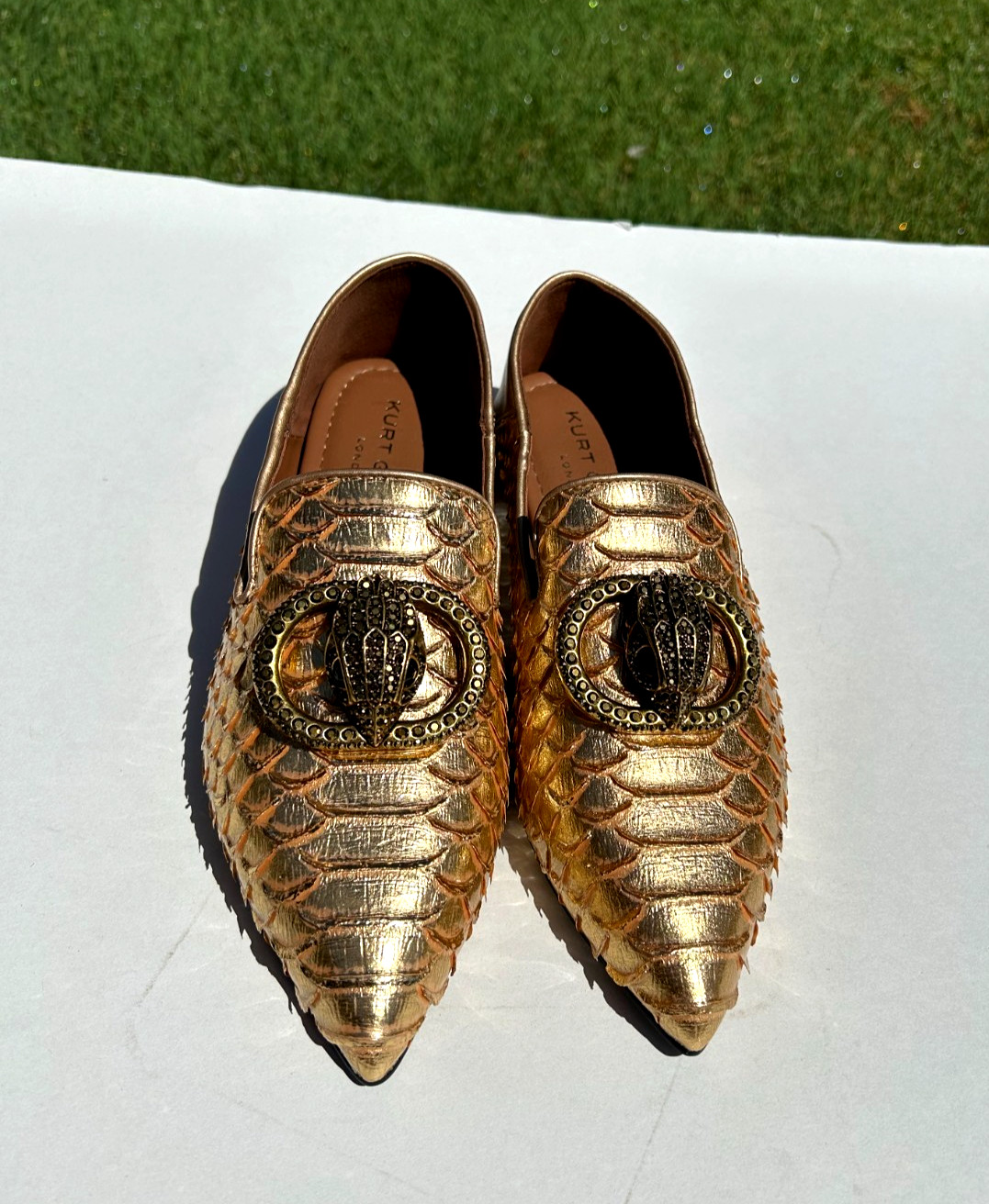 Kurt Geiger London Chelsea Point Flats 9 EU 40 Gold Snake Leather w/Eagle NEW