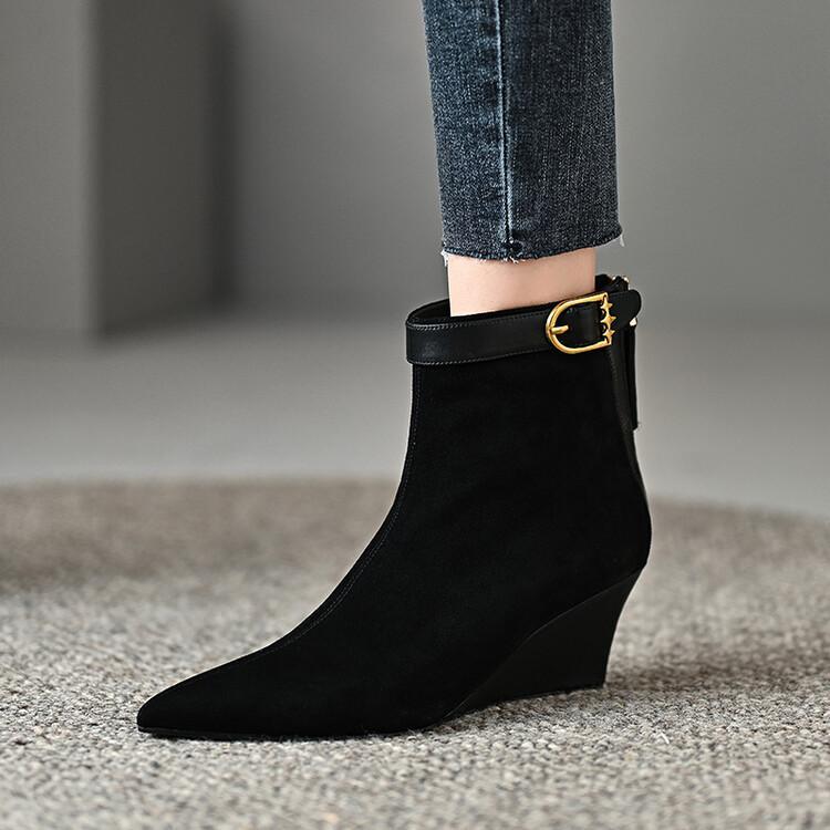 Women Fashion Formal Elegant Pointed Toe Wedge Heel Solid Color Work Ankle Boots