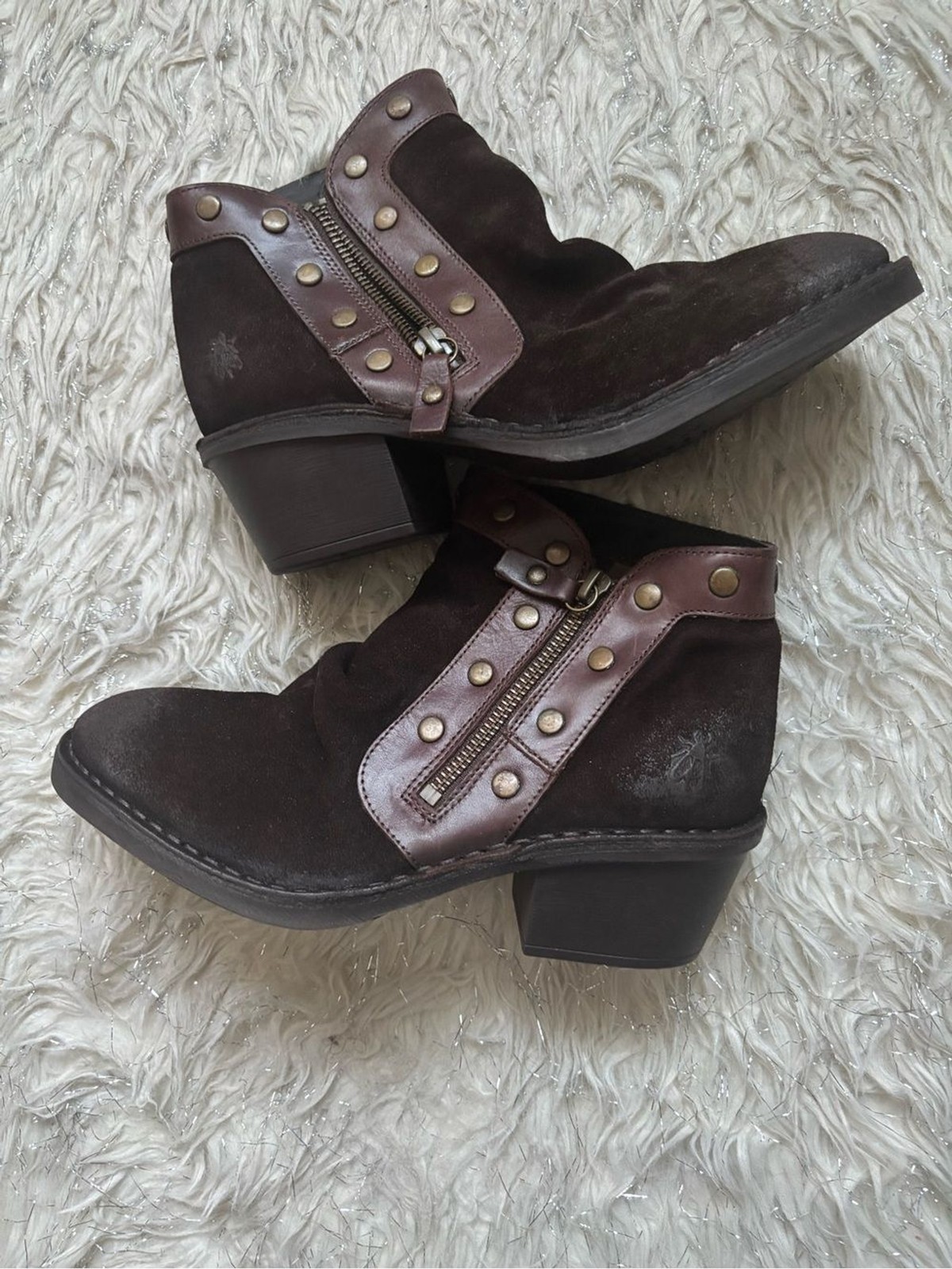 Fly London Dark Brown Women’s Suede Ankle Booties Stud Accents Zip Up Size 38