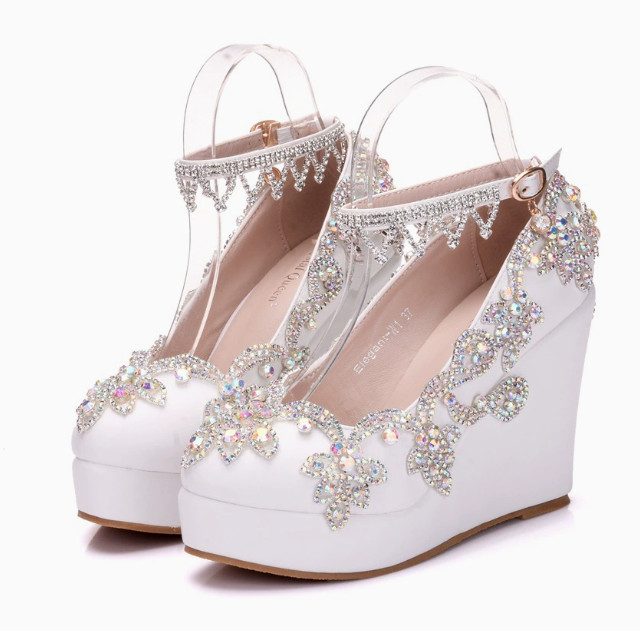 Women’s Platform Rhinestones Tassels Ankle Strappy Shoes Wedge Heels Wedding