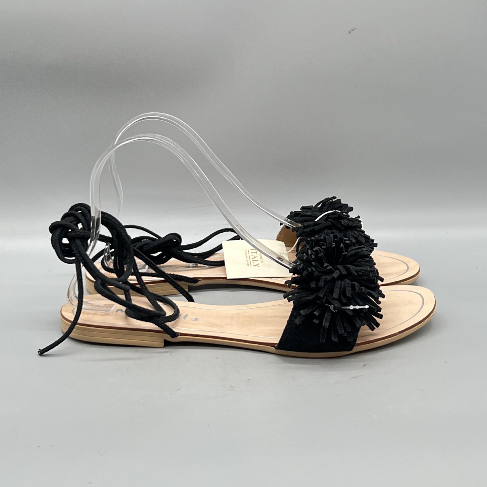 Mariella Sandals Womens 8.5 Black Suede Fringe Lace Up Flats Casual Comfort