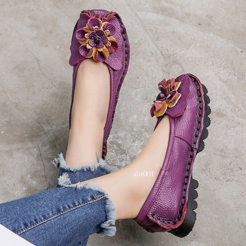 Leather Flat Shoes Women Flats with Flowers Ladies Soft Shoes Loafers Slip On