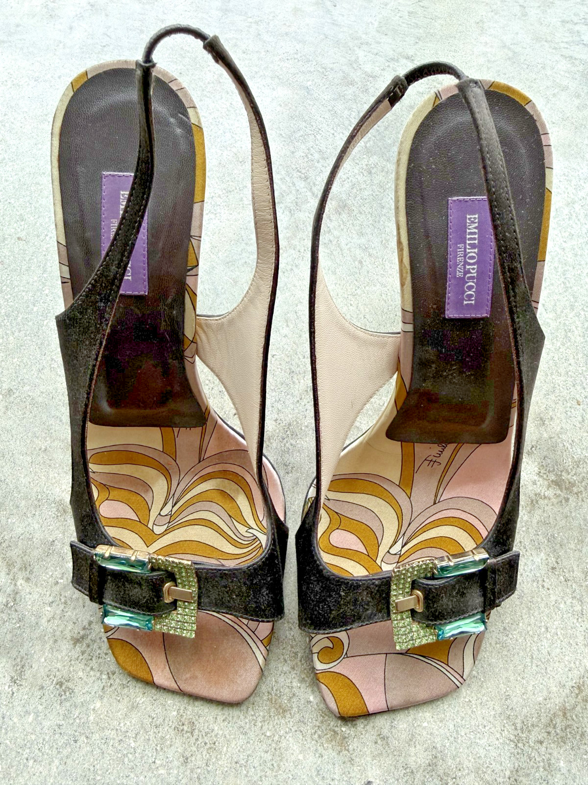 Emilio Pucci Crystal Buckle Slingback Pumps Black Satin Print EU 39 Y2K