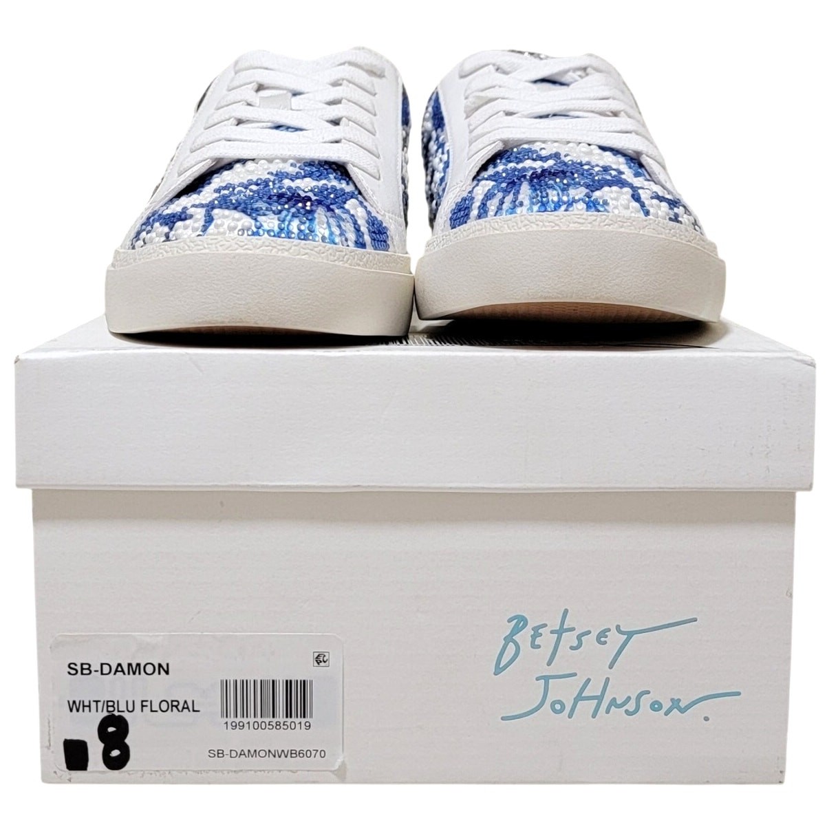 Betsey Johnson Women Damon Sneaker Size US 8M White Blue Floral Rhinestone/Pearl