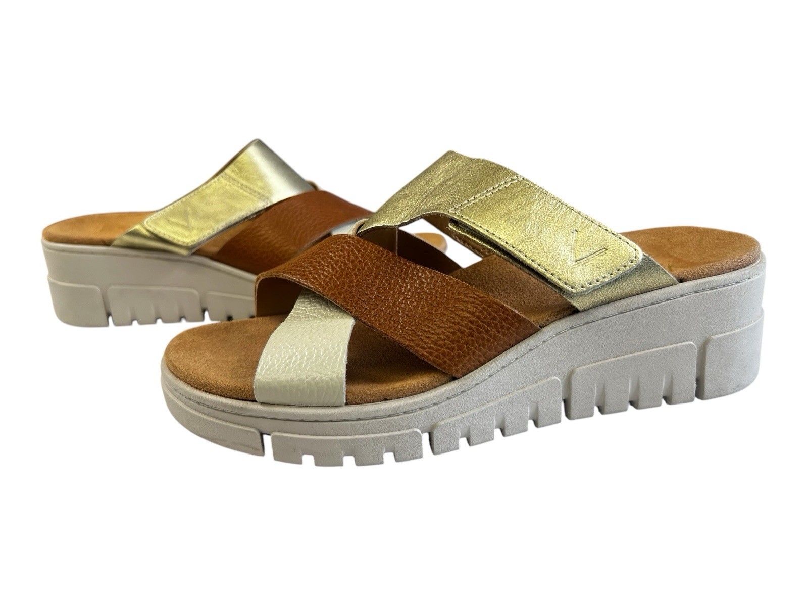 Vionic Uptown Sunset Wedge Slide Sandal Tan Gold Met Leather New Size 7.5