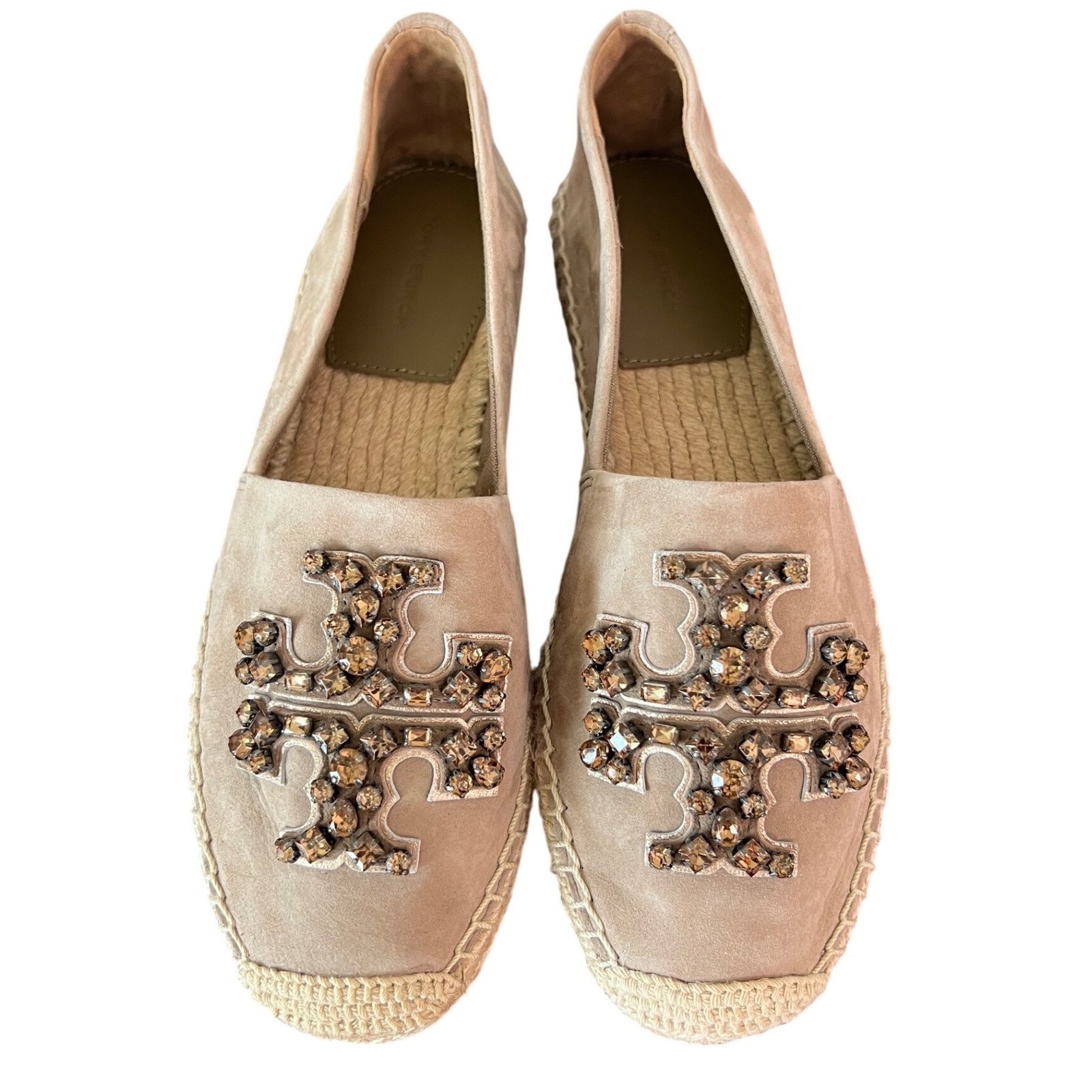 Tory Burch Ines Embellished Suede Espadrilles Taupe Tan Crystal Logo Flats 6.5M