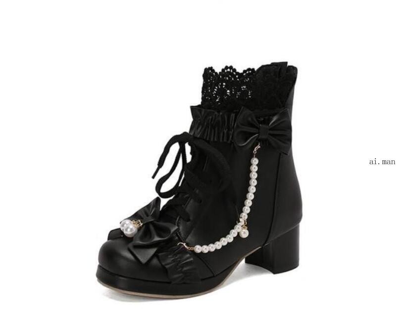 Women Bow Round Toe Block Heel Ankle Boot Lace Lolita Boot Sweety Mary Jane Shoe