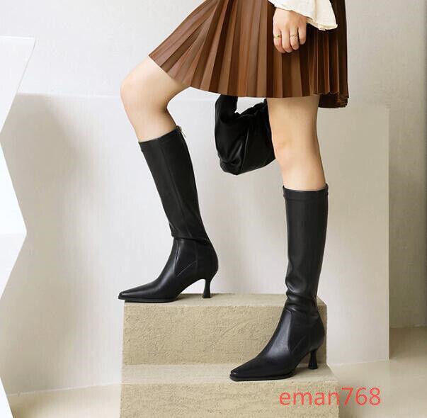 Women Faux Leather Knee High Knight Boots Kitten Heels Pointed Toe Shoes