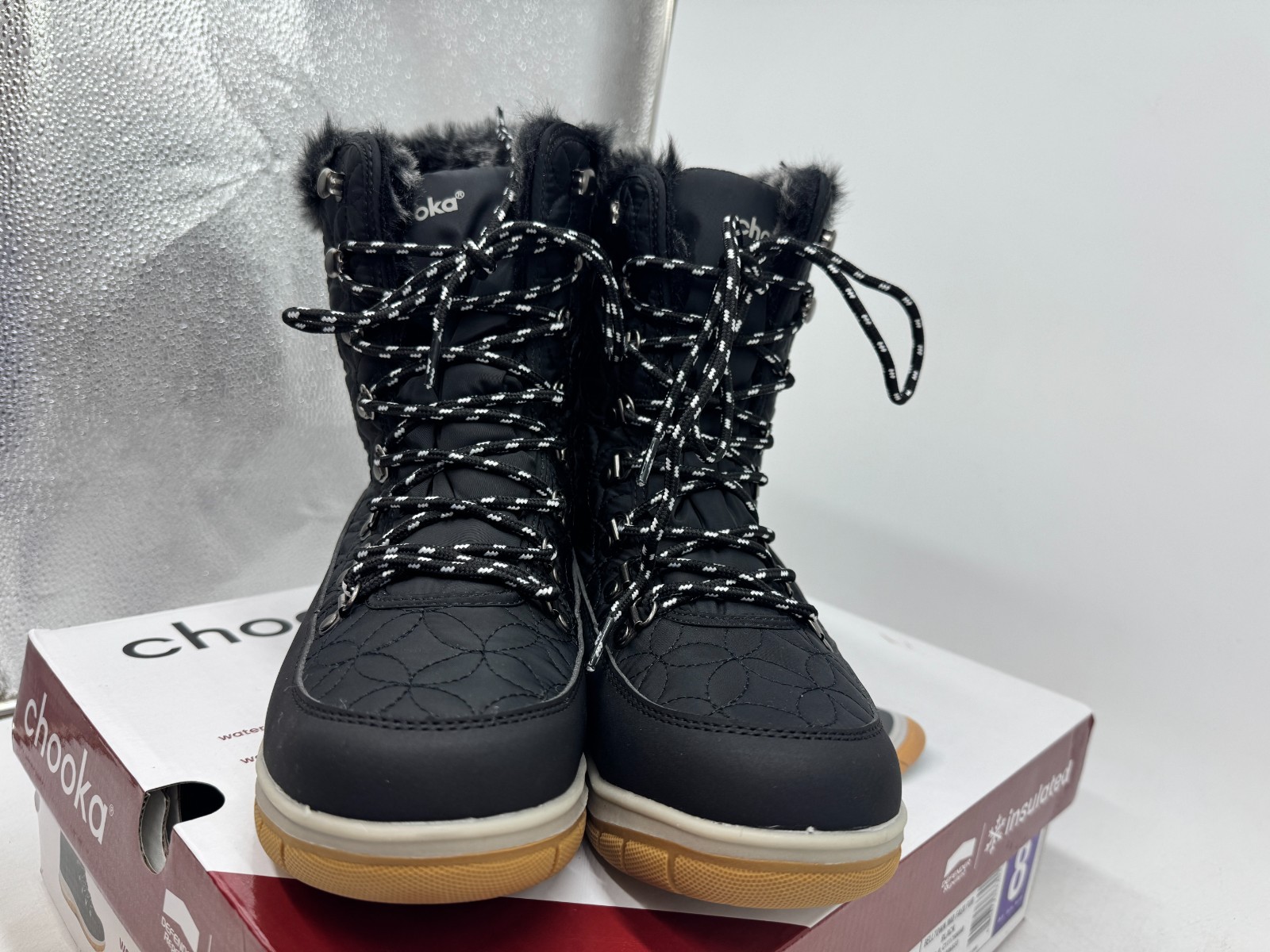 Chooka Belltown Winter Boots Women’s Black Round Toe Insulated Mid Faux Fur – 8