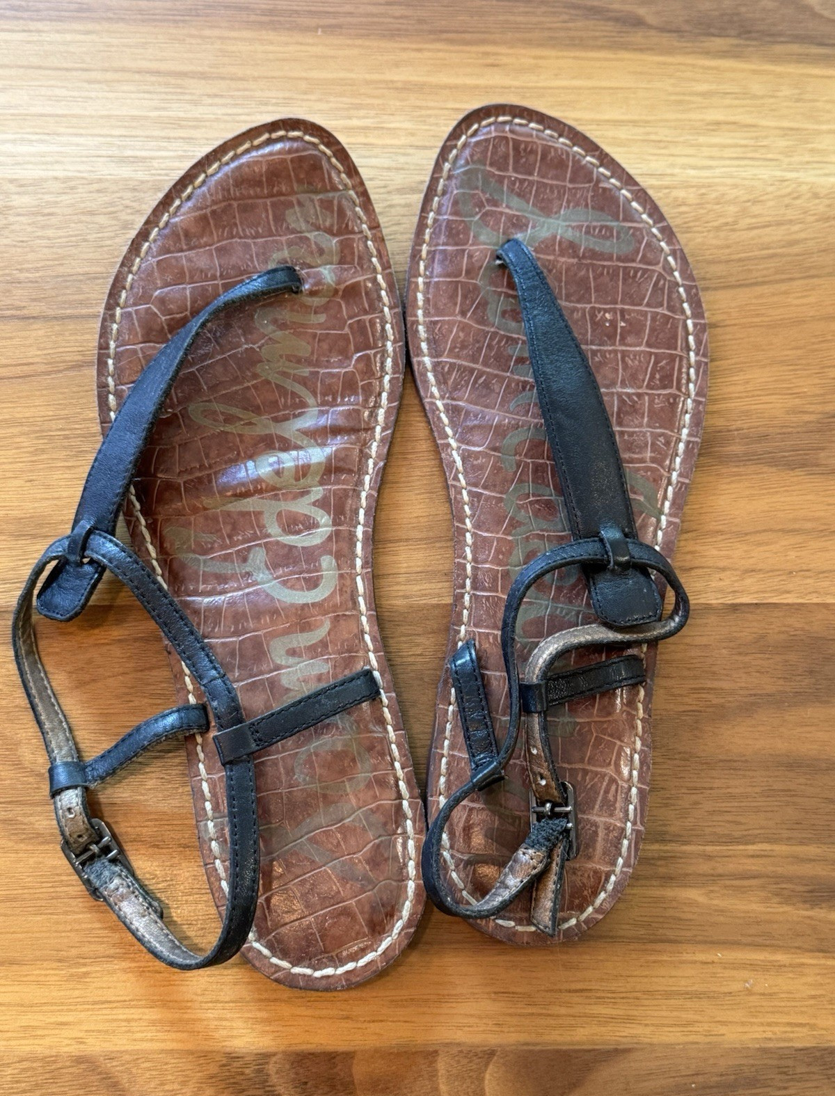 Sam Edelman Brown/Black Leather Croc-Embossed Thong Sandals Buckle US 8