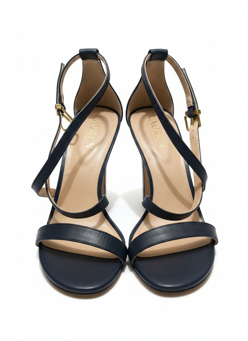 Lauren Ralph Lauren Gabriele Navy Leather Ankle Strap Heels Sandals 9B New