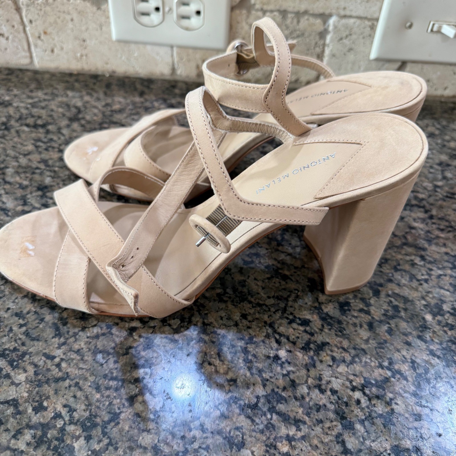 Antonio Melani Nude Suede Strappy Block Heel Sandals Size 12M Made in Brazil