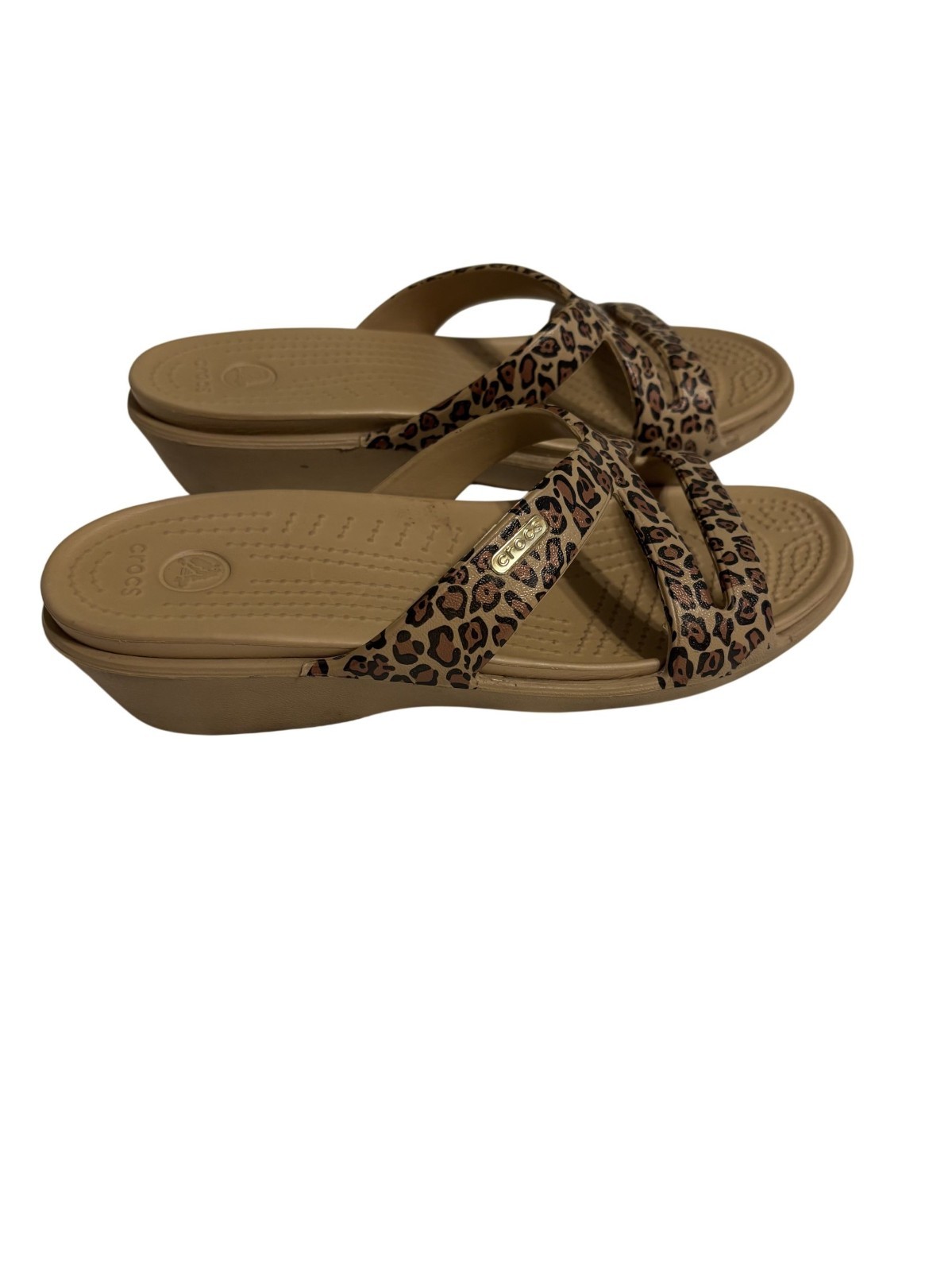 Leopard Print Crocs Womens Sandals Size 7 Beige Slip-On Slides