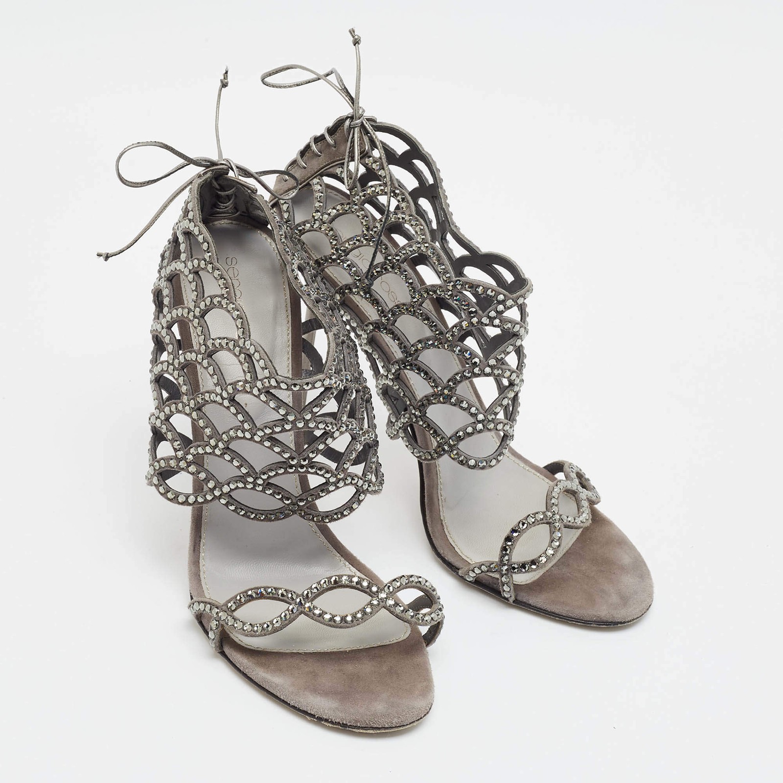 Sergio Rossi Size 39 Grey Suede Crystal Embellished Ankle Strap Sandals
