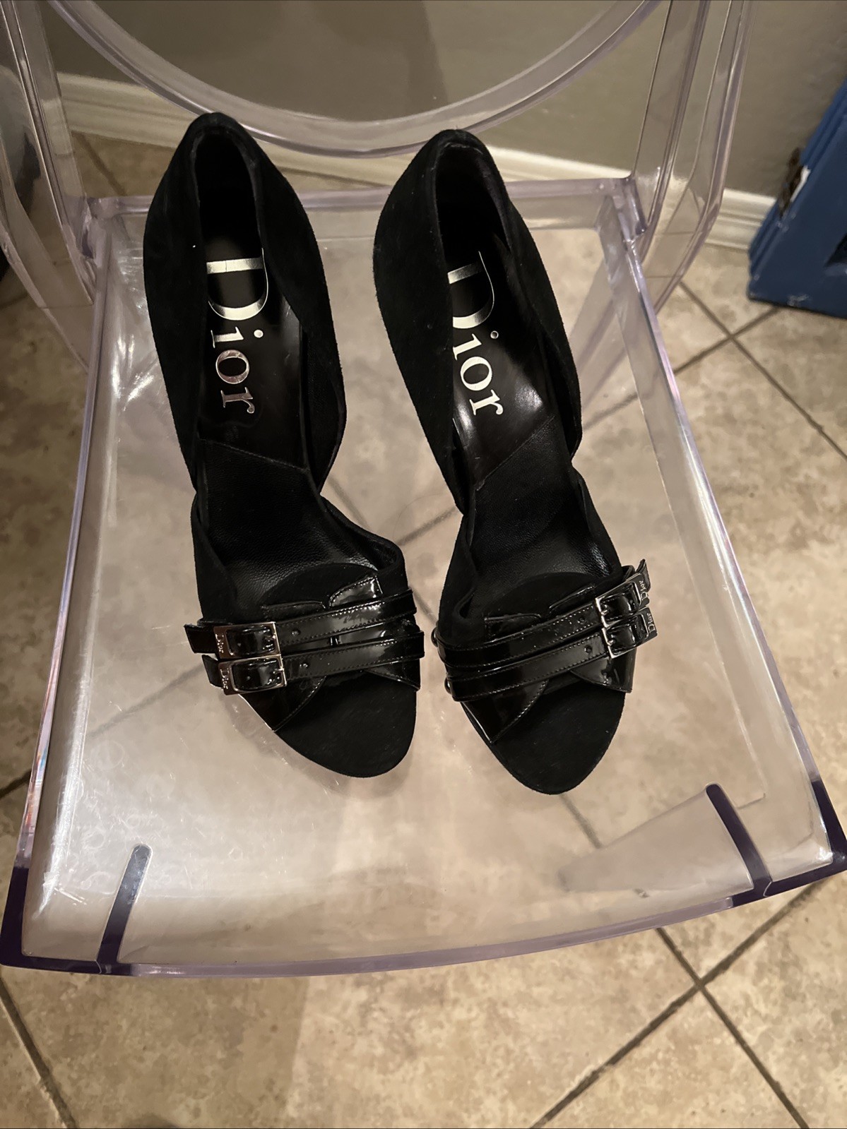 Christian Dior Black Suede Patent Leather logo buckle D’orsay heels Vintage EU37