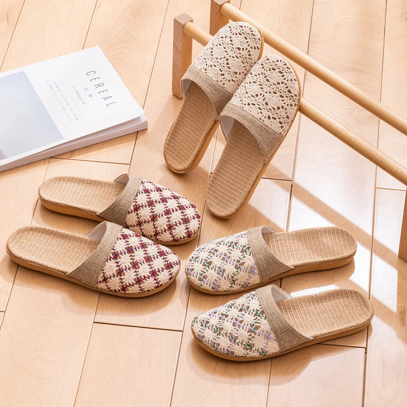 New Oriental Flax Slippers For Women Summer Indoor Home Summer Wooden Floor Slip