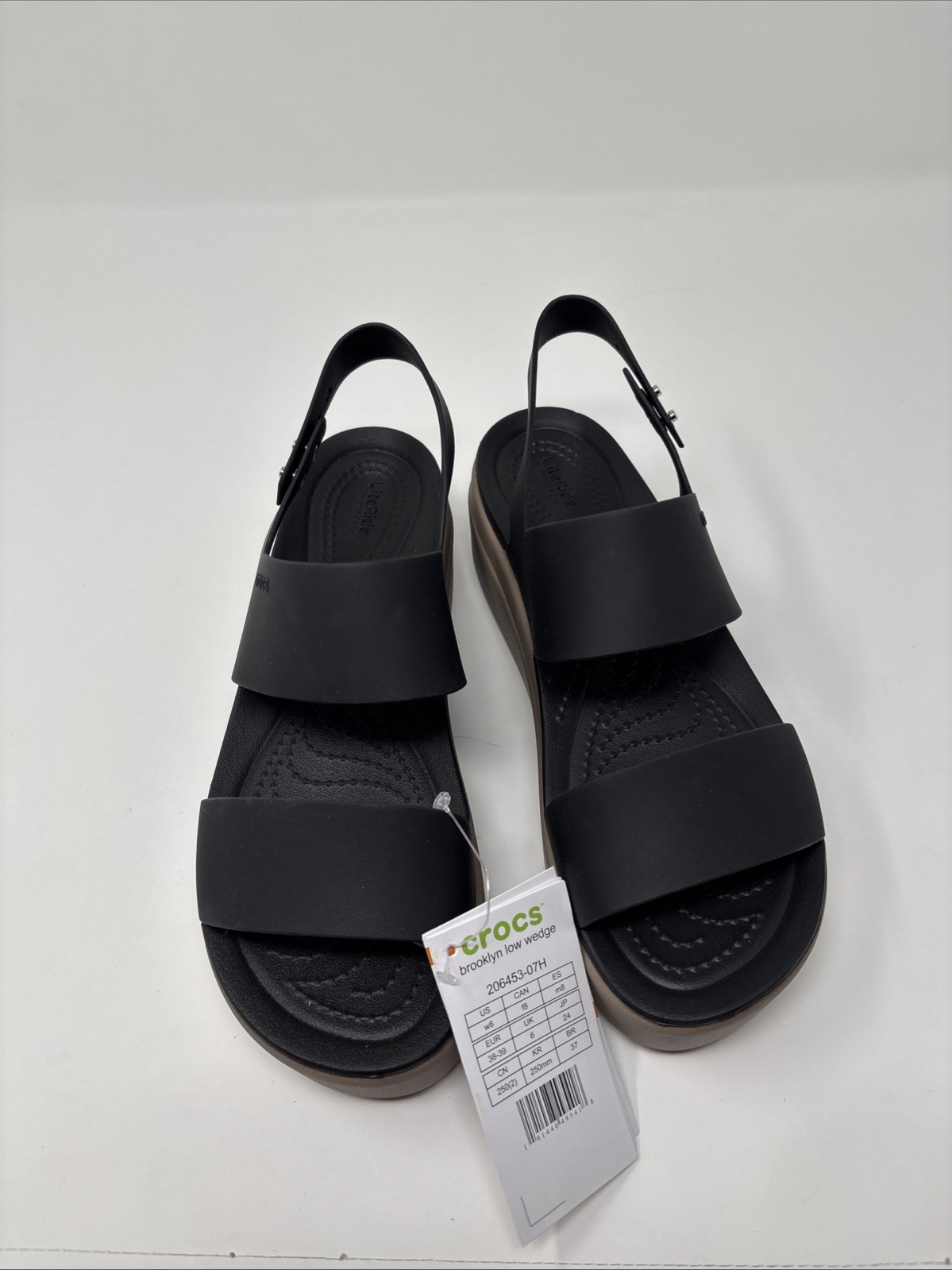 Croc’s Women’s Brooklyn Low Wedge Sandals In Black and Mushroom Size 8