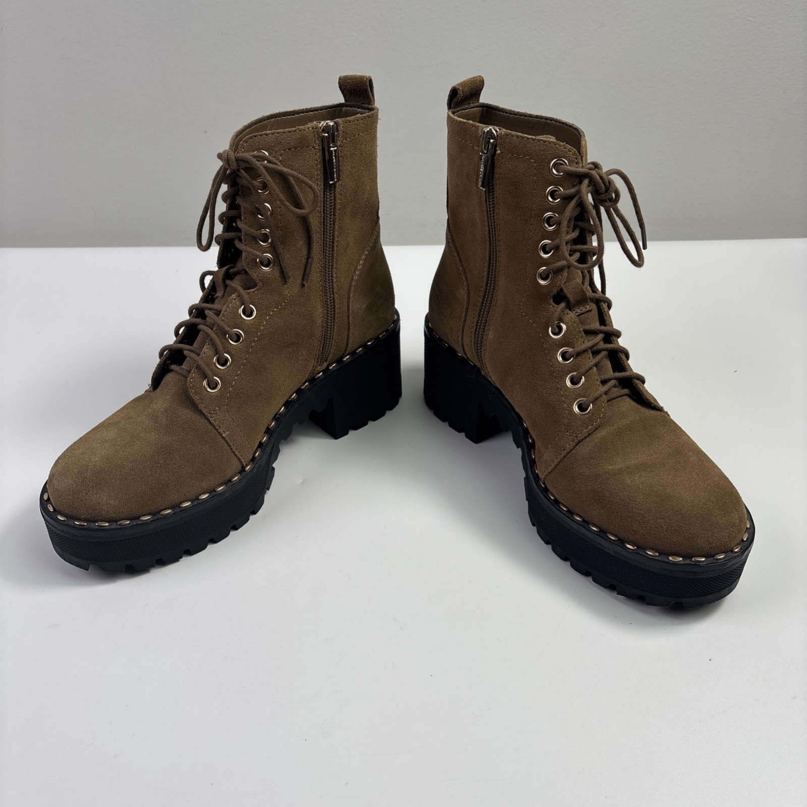 Vince Camuto Mecale Studded Combat Hiking Boot Suede Tan 7.5 M