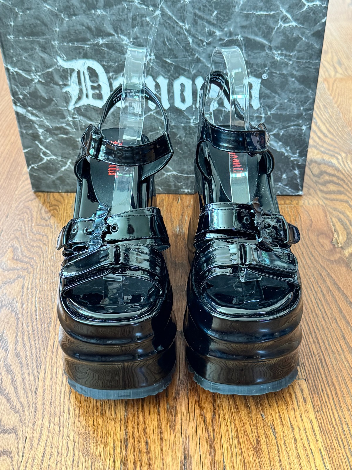 Demonia WAVE-13 Black Patent Platform Sandals | Goth Y2K | Size 9