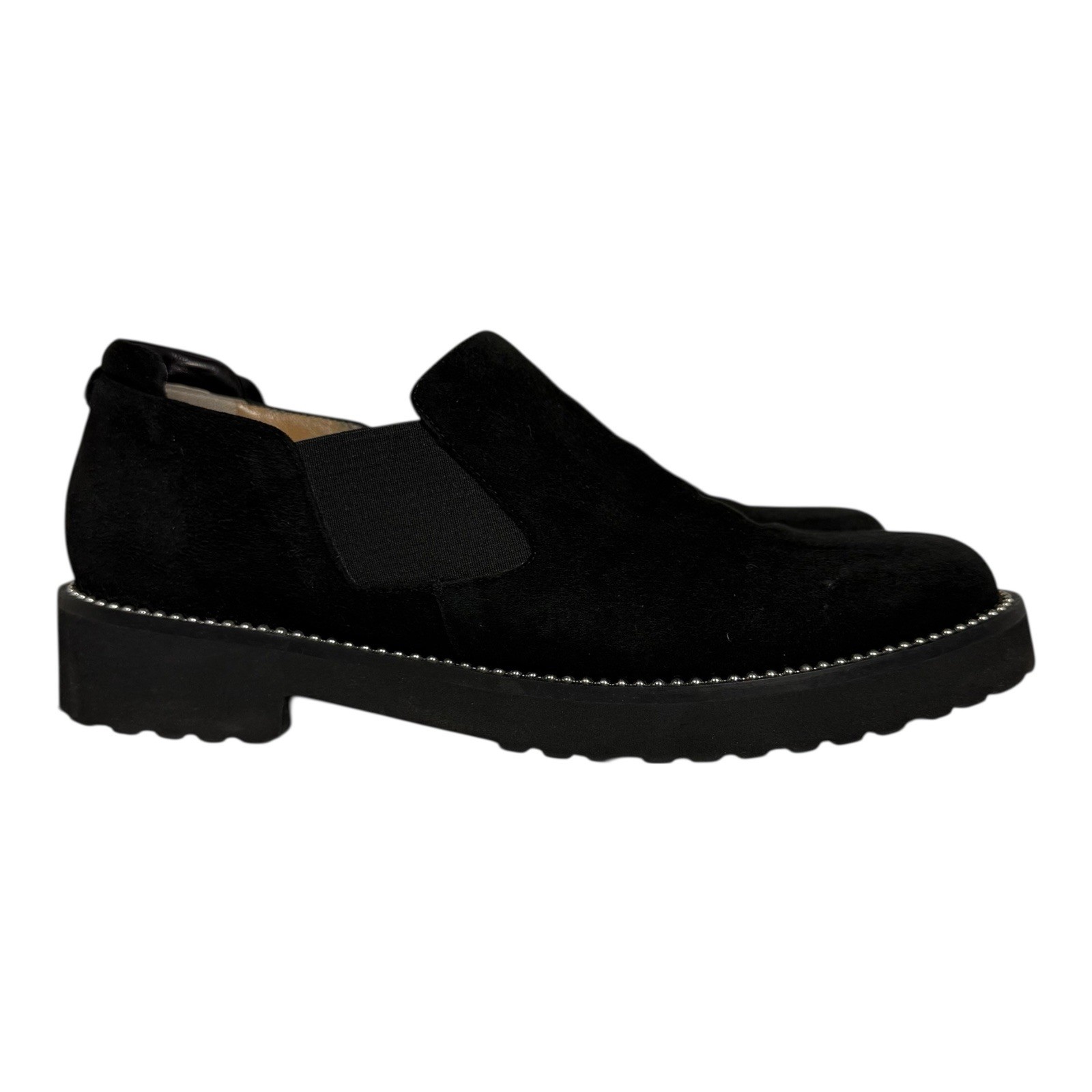 RUSSELL & BROMLEY Black Suede Studded Slip On Loafers Italy EUR 38.5 US 8.5