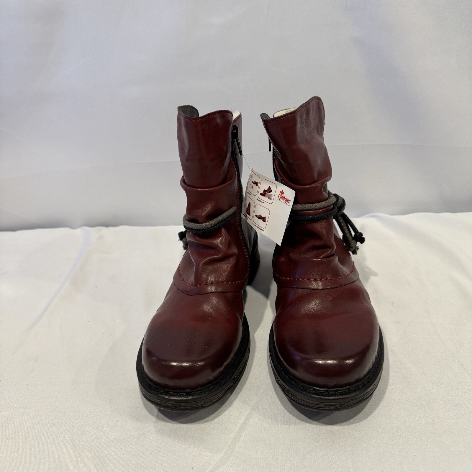 Rieker Womens Size 7 EUR 38 Ankle Boot Felice Wine Faux Leather Ruched Upper NWT