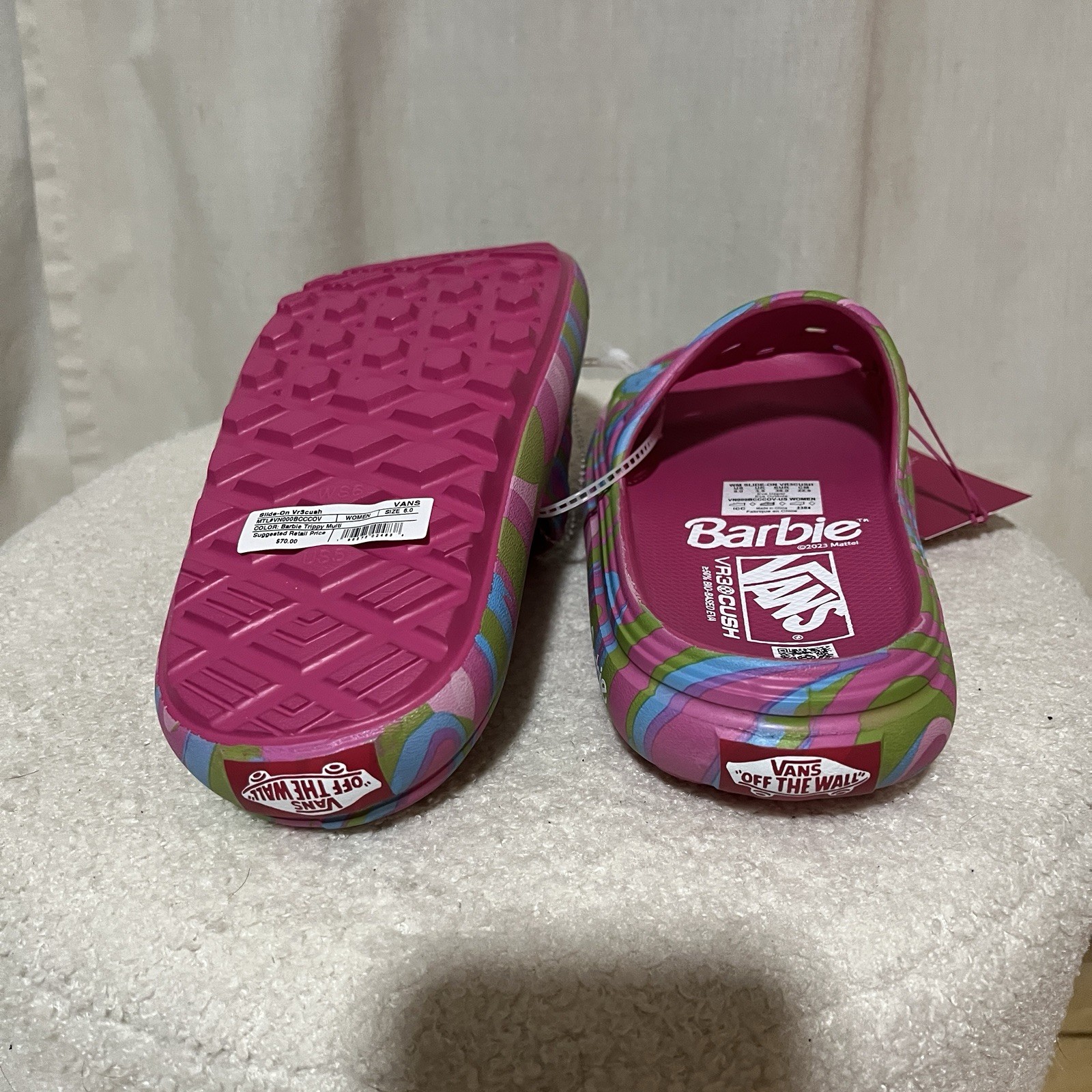 Barbie x Vans Vr3 Cush Slides Sz 6 Sandals Slip-on Flats Pink Wavy NWT No Box