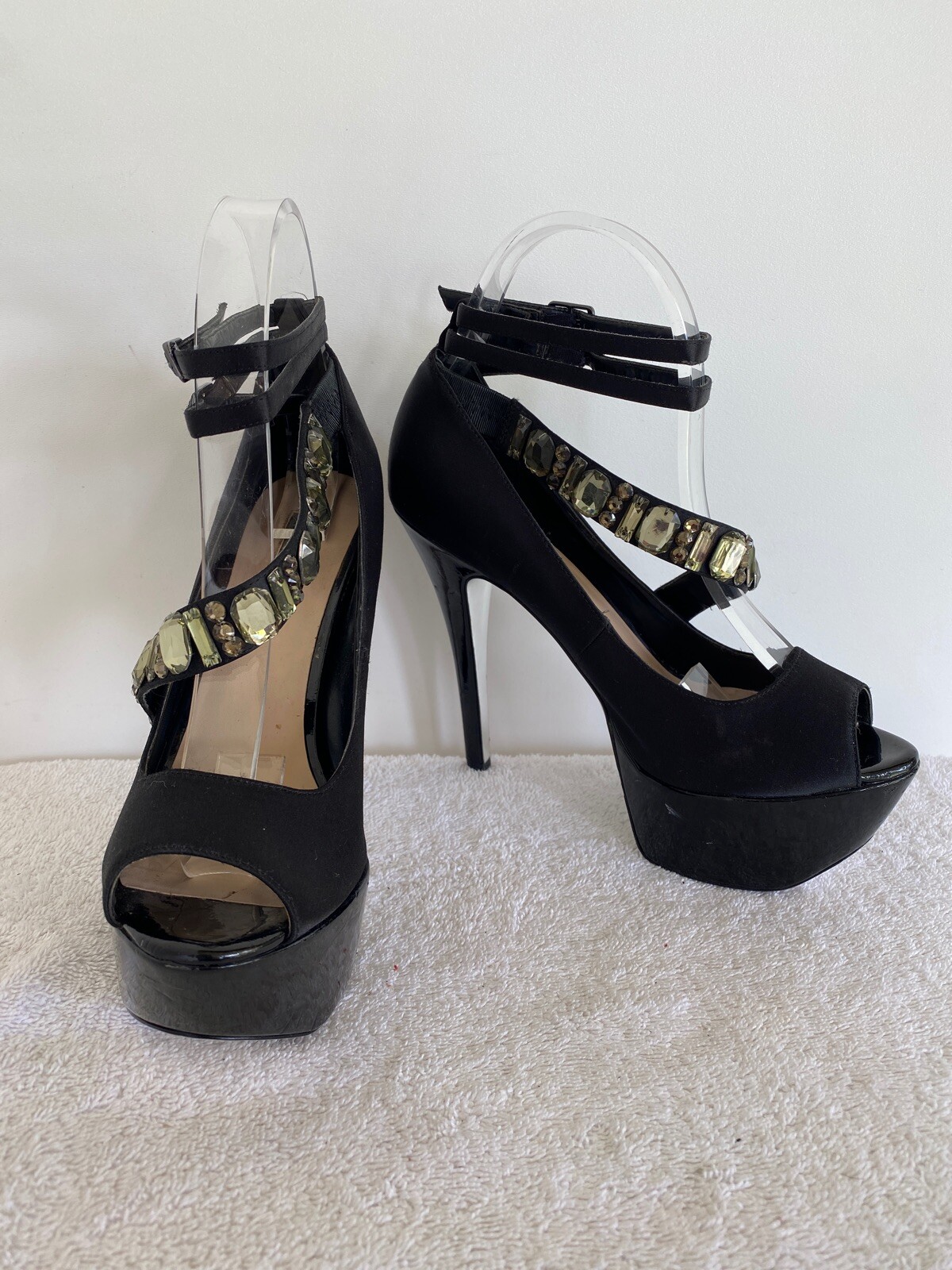 H BY HALSTON SEXY BLACK JEWELED SATIN PLATFORM GRETA PARTY HEELS 7.5 M