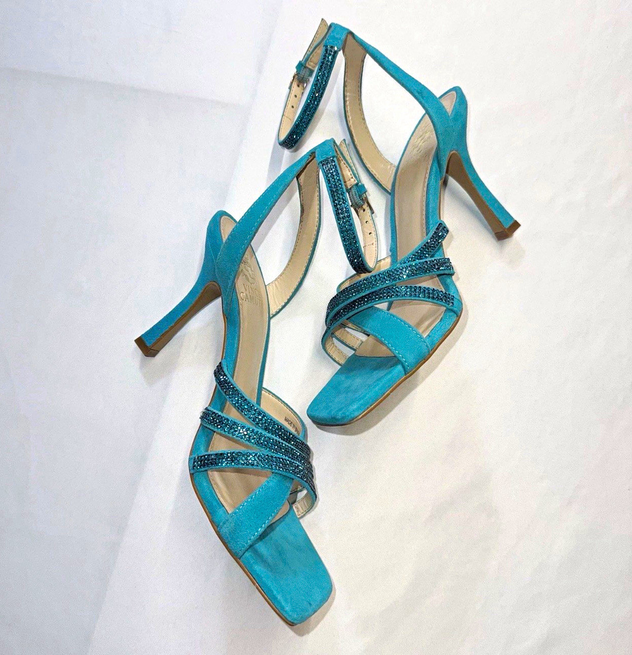 Vince Camuto Blue Leather Rhinestone Ankle Strap Square Toe Heels Womens 7.5