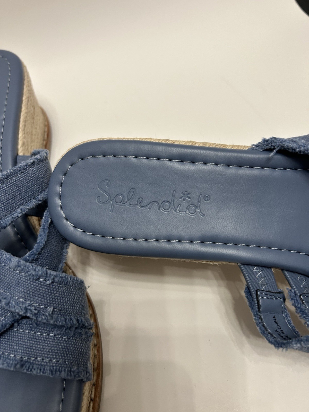 Splendid blue denim frayed cross-strap wedge sandals, Size 10