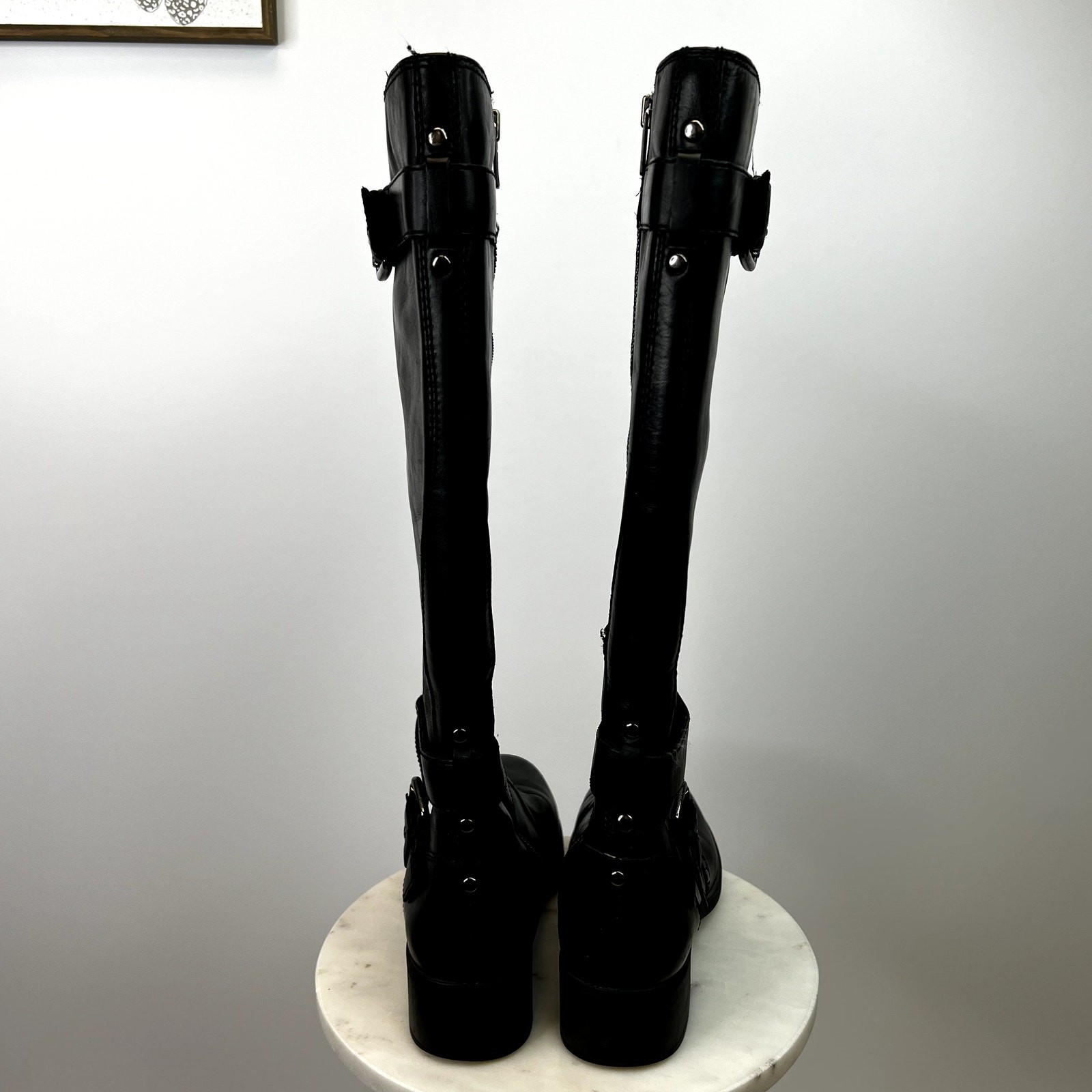 Franco Sarto Piston Tall 100% Leather Black Boots with Buckle Detailing SZ 7 1/2