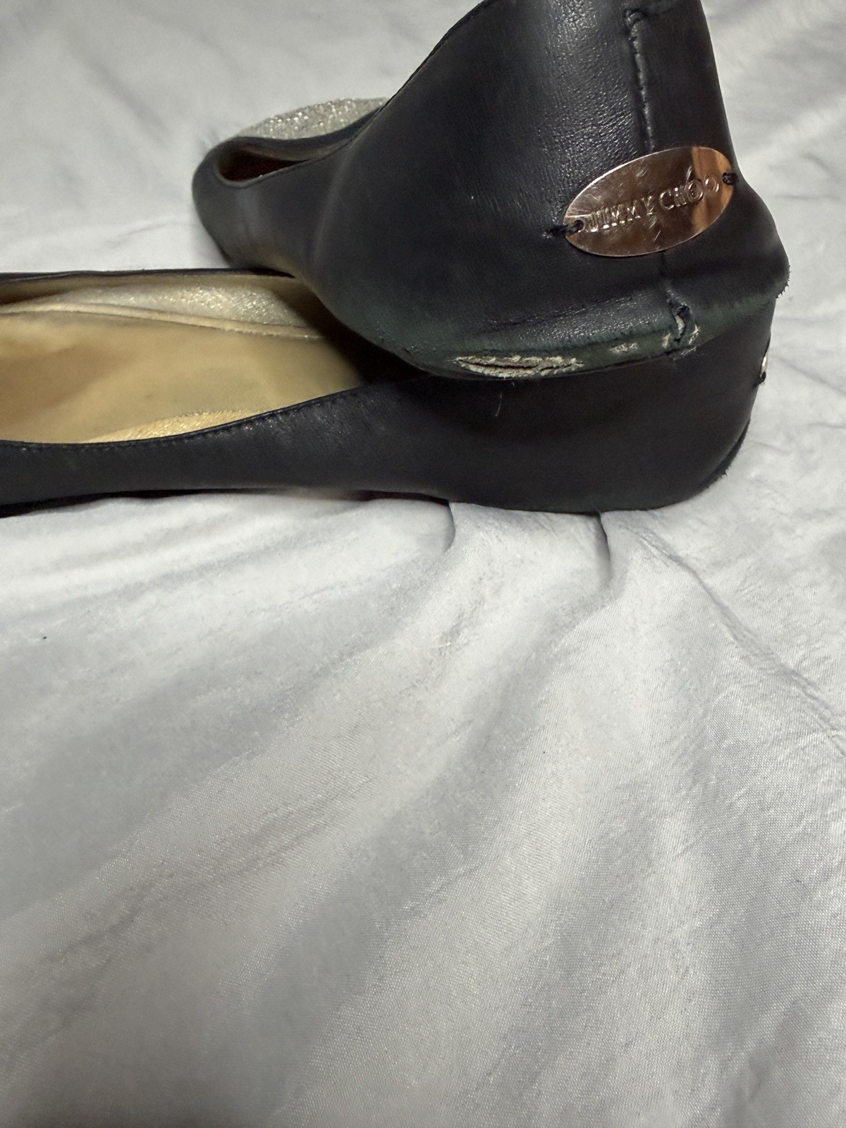 Jimmy Choo Women’s Black/Silver Rhinestone Cap Toe Ballet Flats Slip-On Round