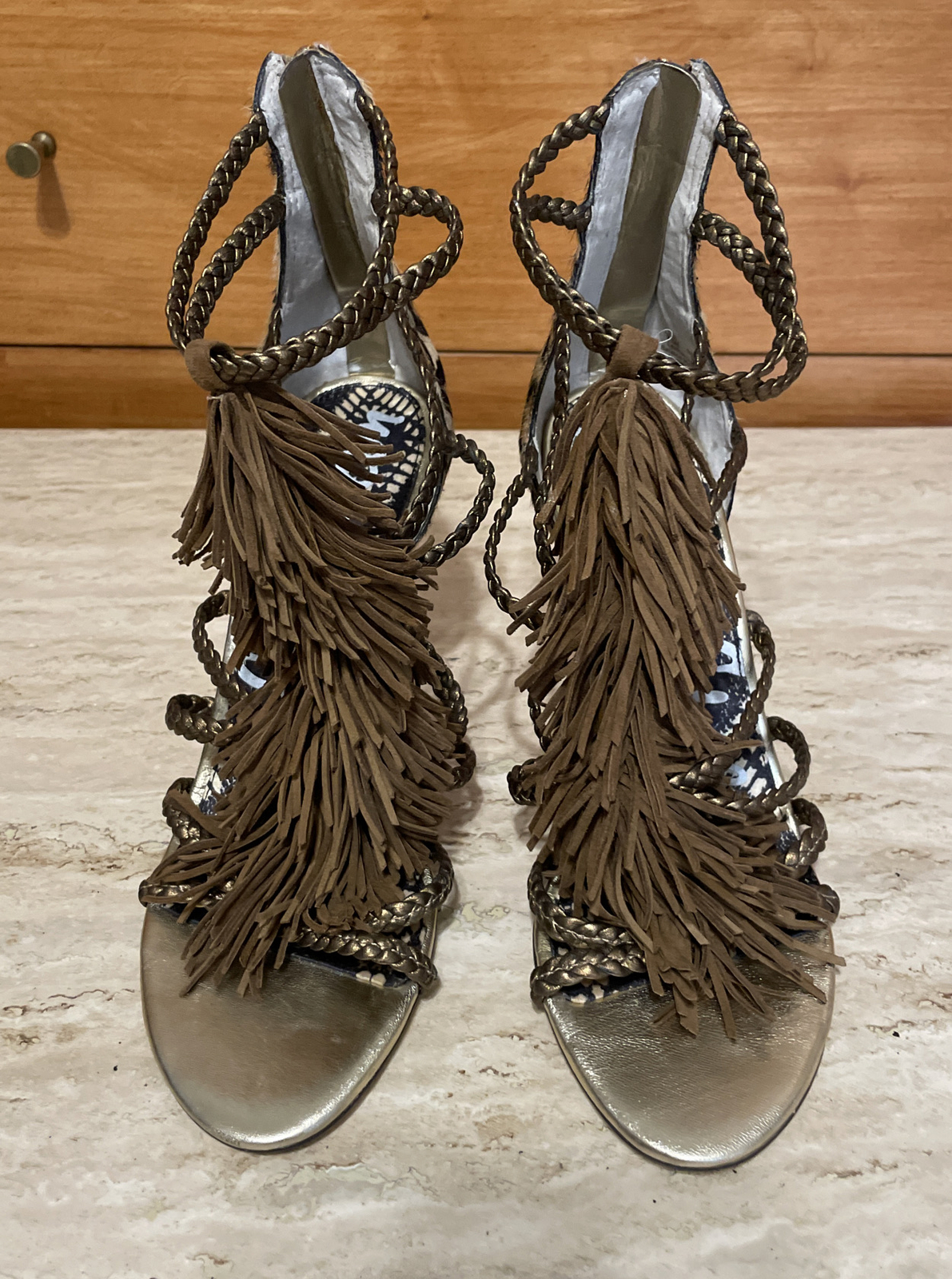 Sam Edelman Leopard Print Genuine Calf Hair Strappy Tassel Stiletto Heels Sz 7.5