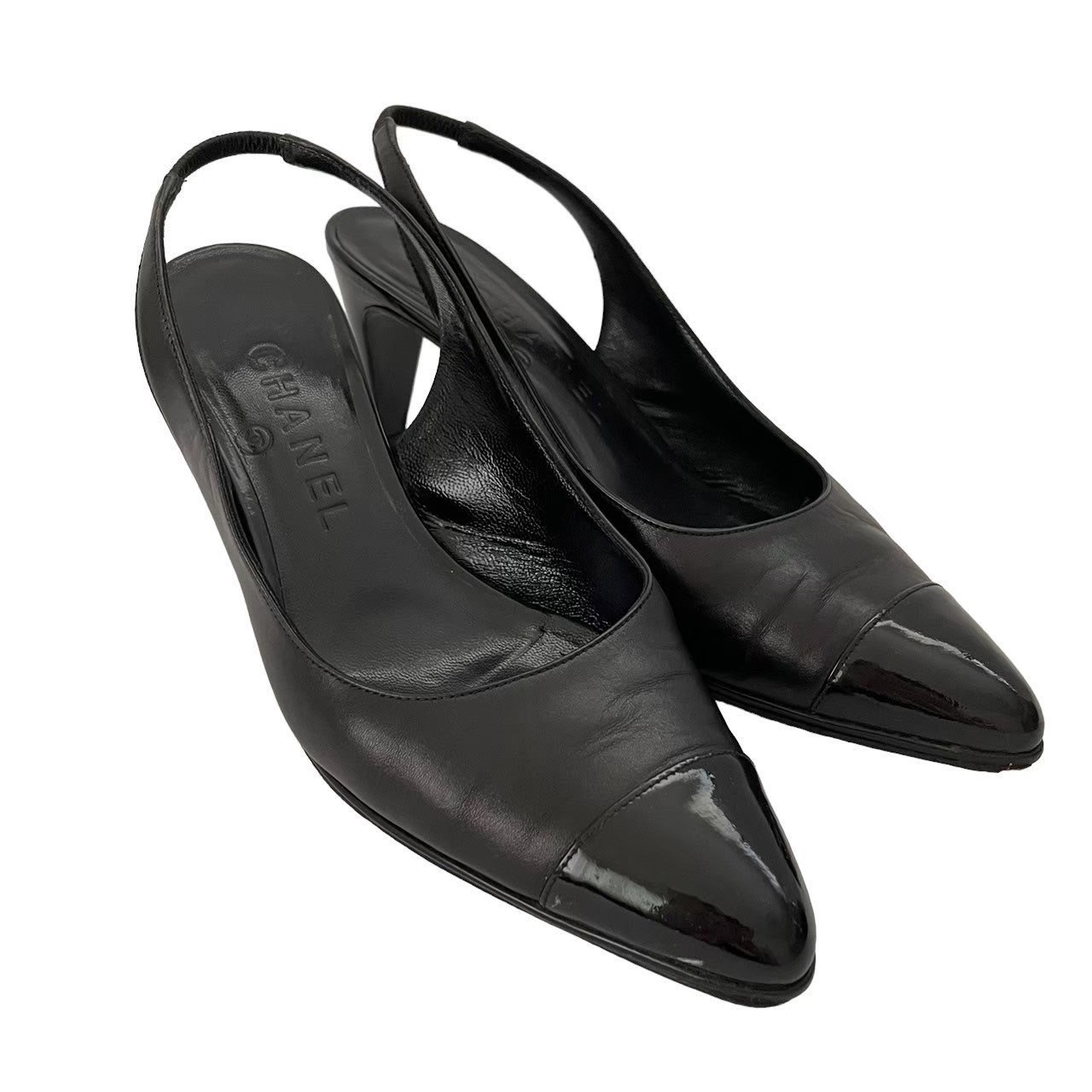 CHANEL Shoes Pumps Heel EU 35.5 US 5.5 Patent Leather Black Authentic