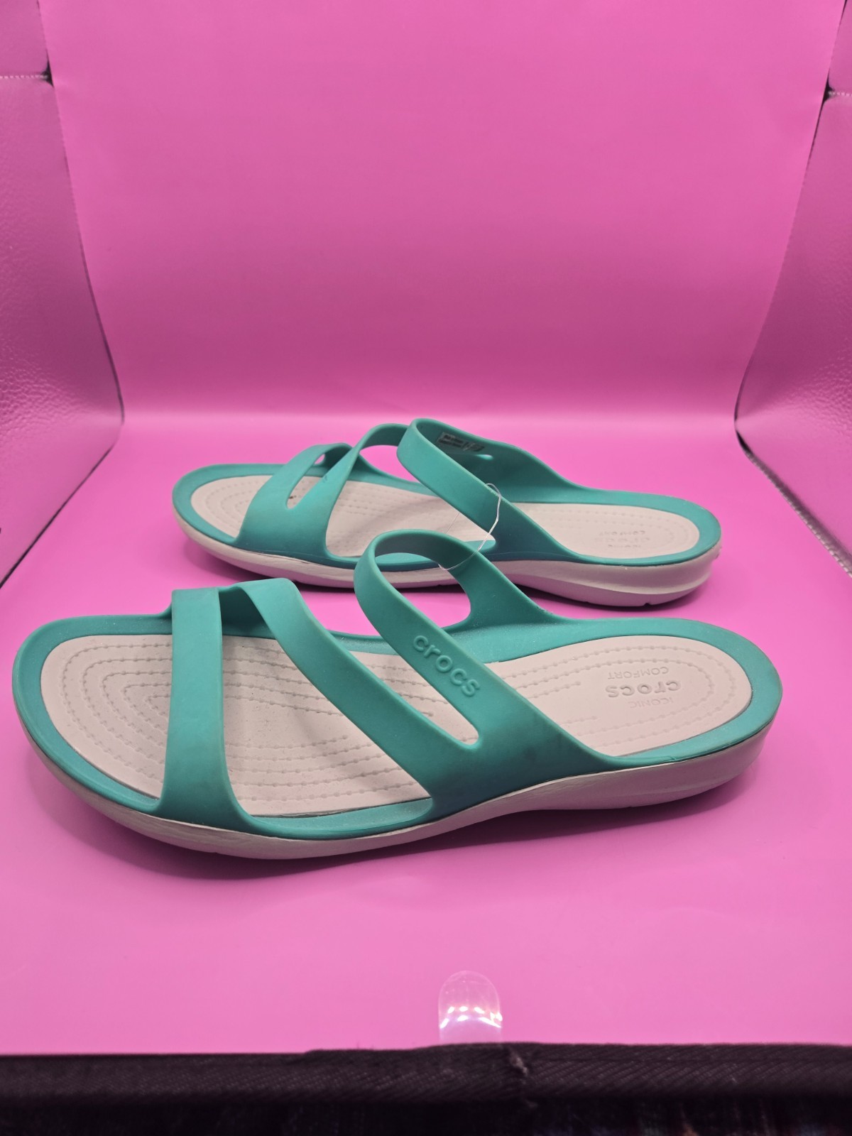 Crocs Iconic Comfort Womens Sz 7 W Teal Seafoam Green Sandals Slides Slip On