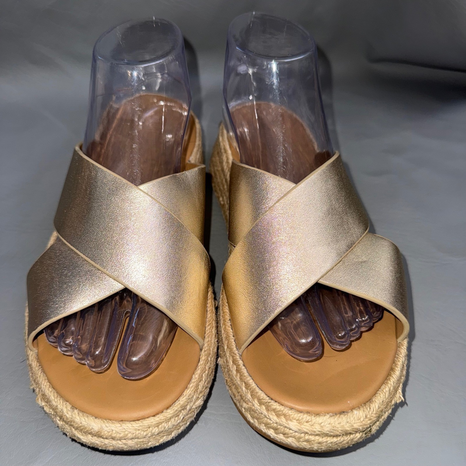 FitFlop Lulu Cross Shimmer Espadrille Slides Gold Metallic Platform US 7