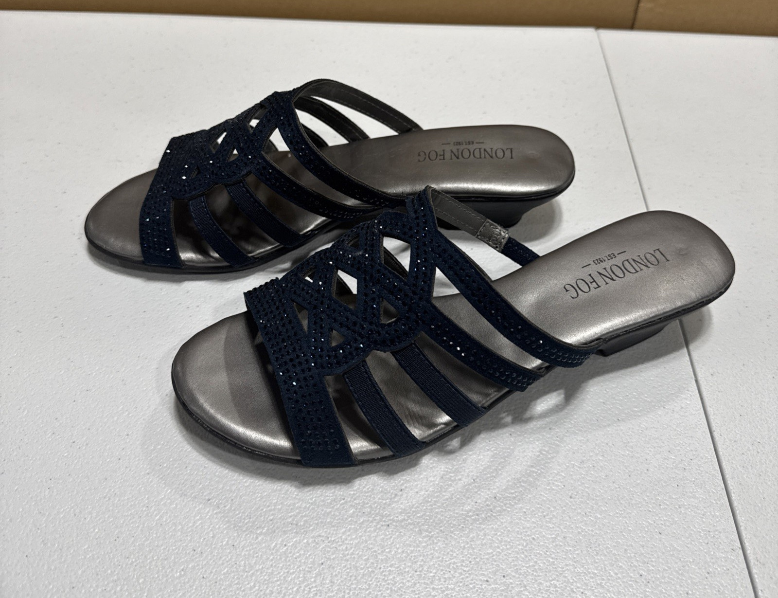 London Fog Ellie Navy Stones Slip On Shoes Mules Slides Sandals Low Heel Size 8