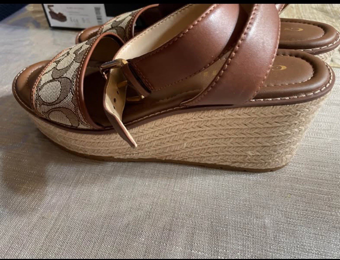 Coach Brown/Beige Logo Leather Wedge Sandals Ankle Strap Buckle Women 8.5