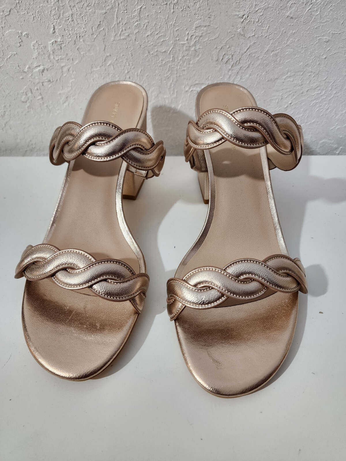 Stuart Weitzman Twistie Rose Gold Leather Slip On Block High Heel Sandals 10.5