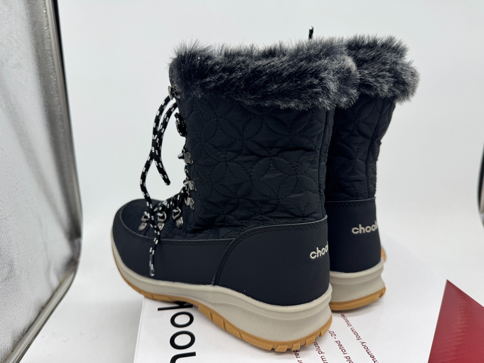 Chooka Belltown Winter Boots Women’s Black Round Toe Insulated Mid Faux Fur – 8