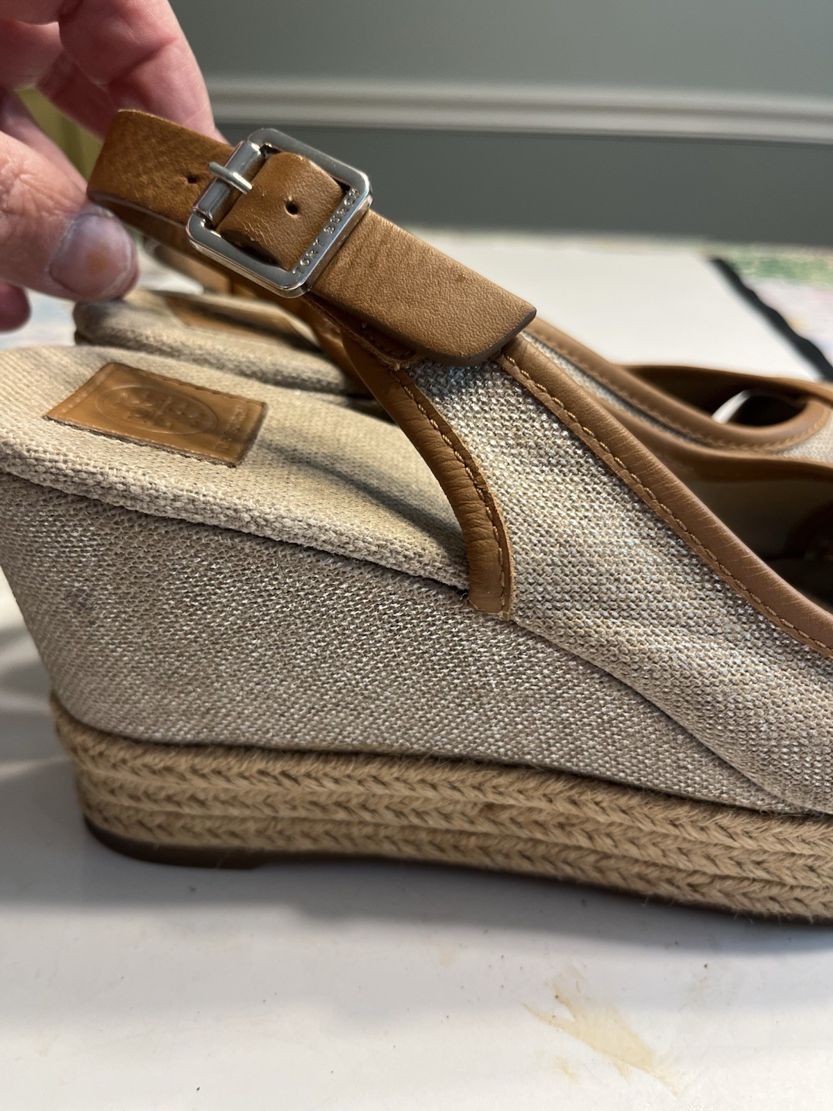 Tory Burch Majorca Beige Canvas Tan Peep Toe Platform Slingback Wedge 8
