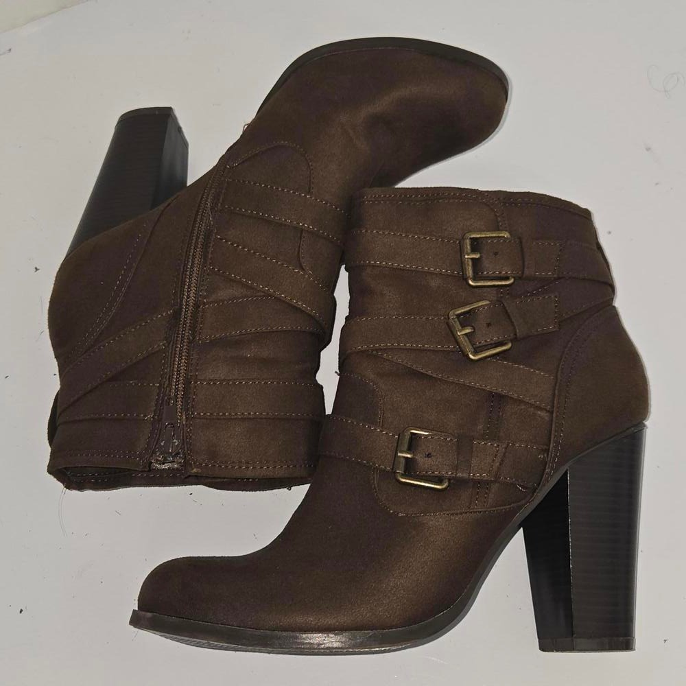 PRICE DROP JustFab Binnae High Heeled Bootie Brown Suede Multi-Straps Sz 10