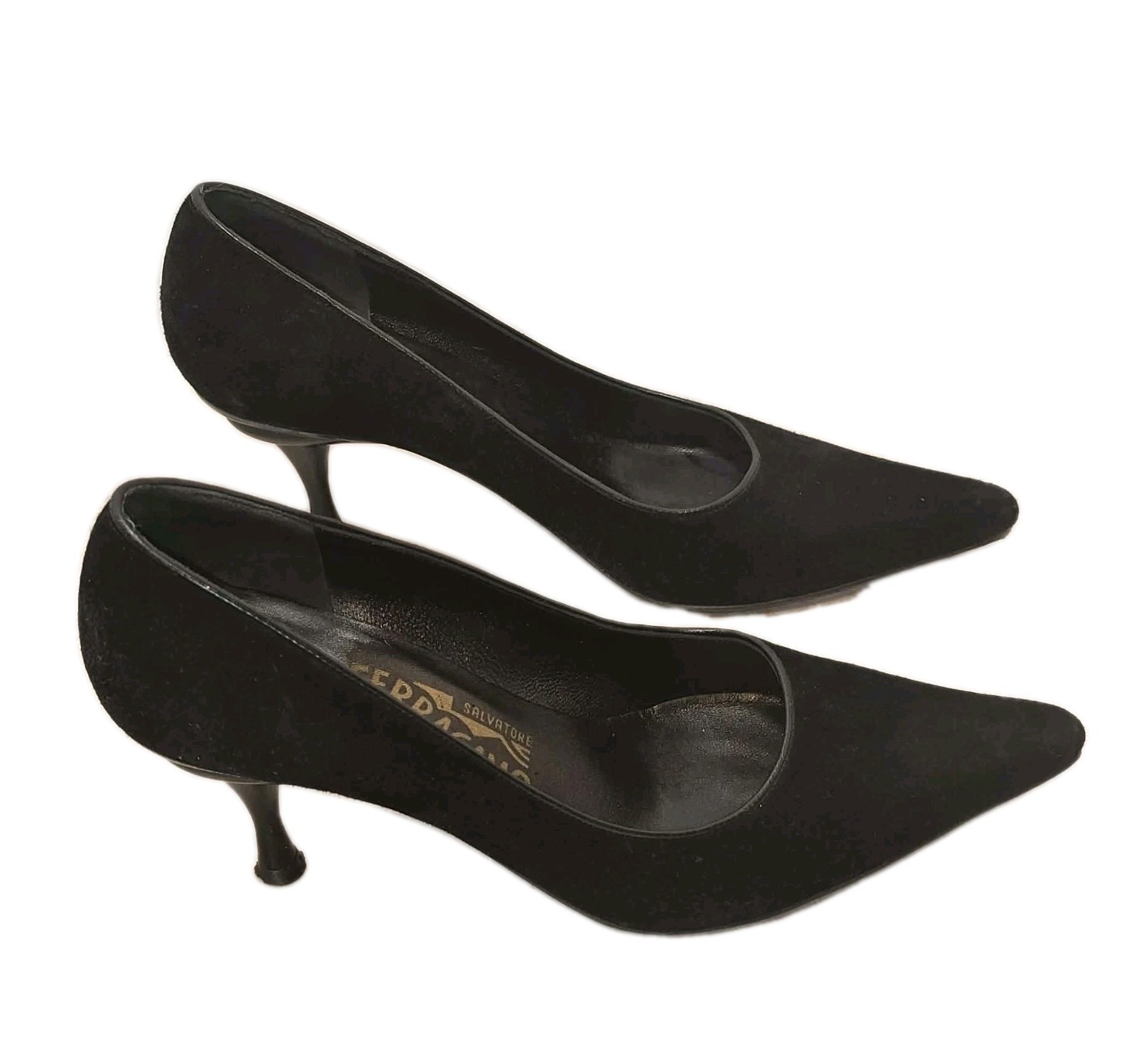 Salvatore Ferragamo Black Suede Heels Sz 5.5B GUC Classic Designer 👠✨