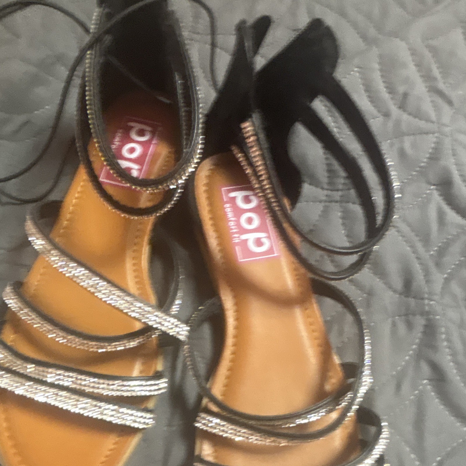 POP Women’s Black/Silver Rhinestone Strappy Flat Ankle Strap Sandals US 7