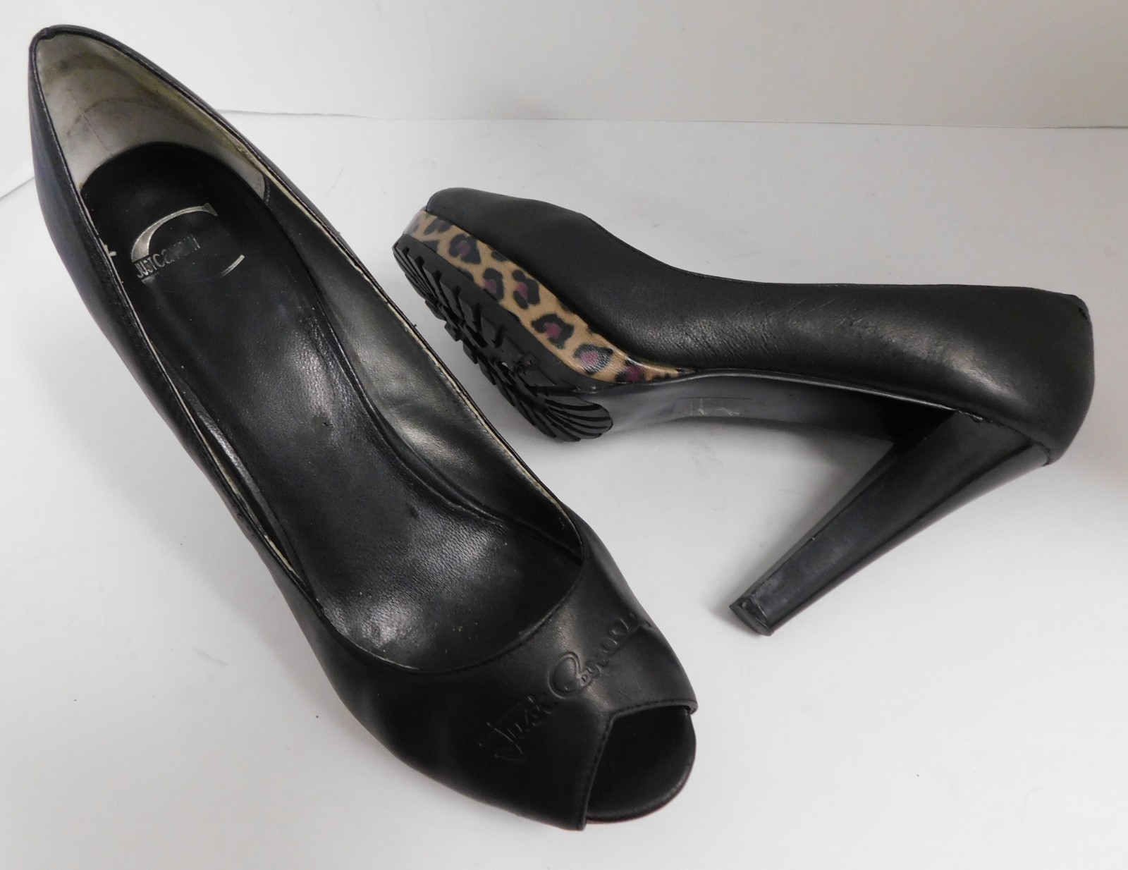 Just Cavalli Black Leather Pump Open Toe Heels Leopard Trim 39