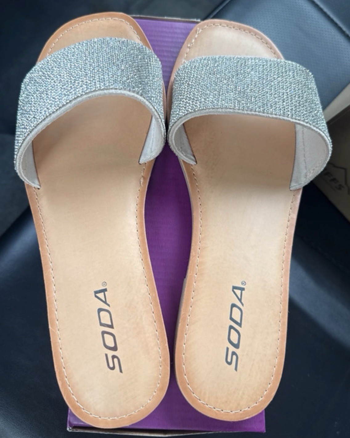 SODA Women’s Slide Sandals Slip-On Glitter Straps Flat Solid Silver/Tan
