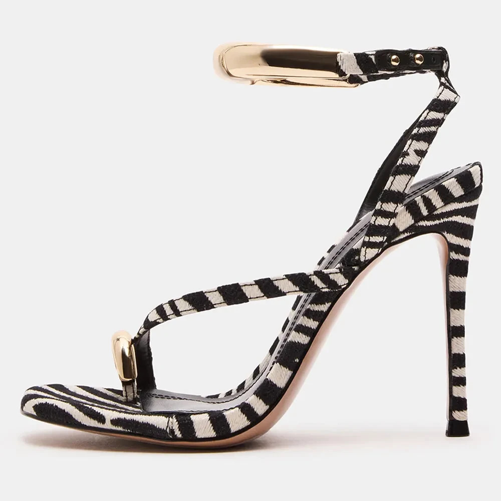 Black and White Zebra Print Toe Ring Ankle Strap Women’s Heel Sandals FSJ2025050
