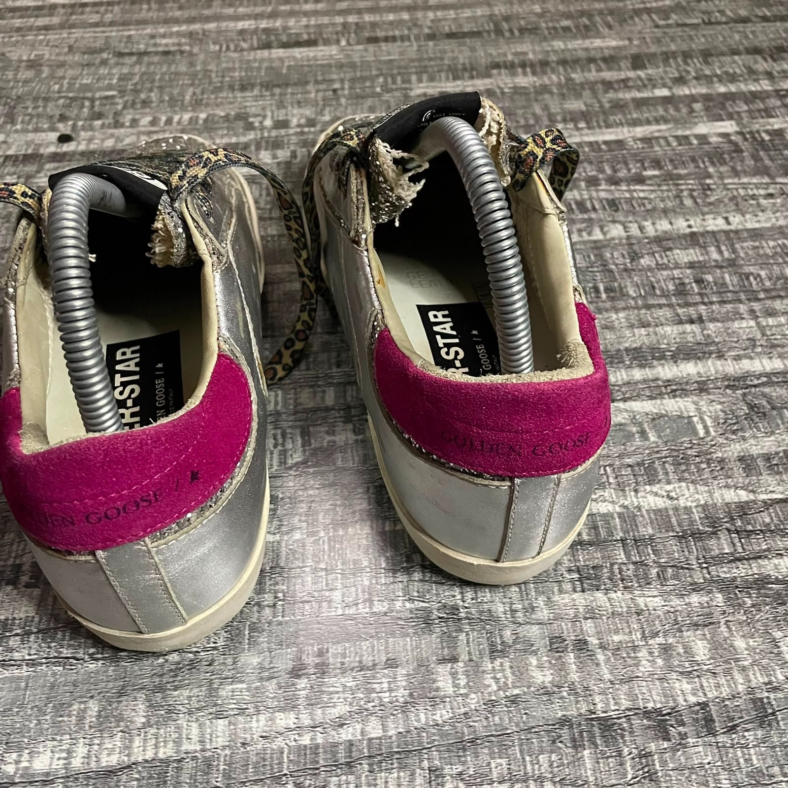 GOLDEN GOOSE SUPERSTAR SILVER GLITTER BLACK STAR PINK HEEL LEOPARD LACES EU 38