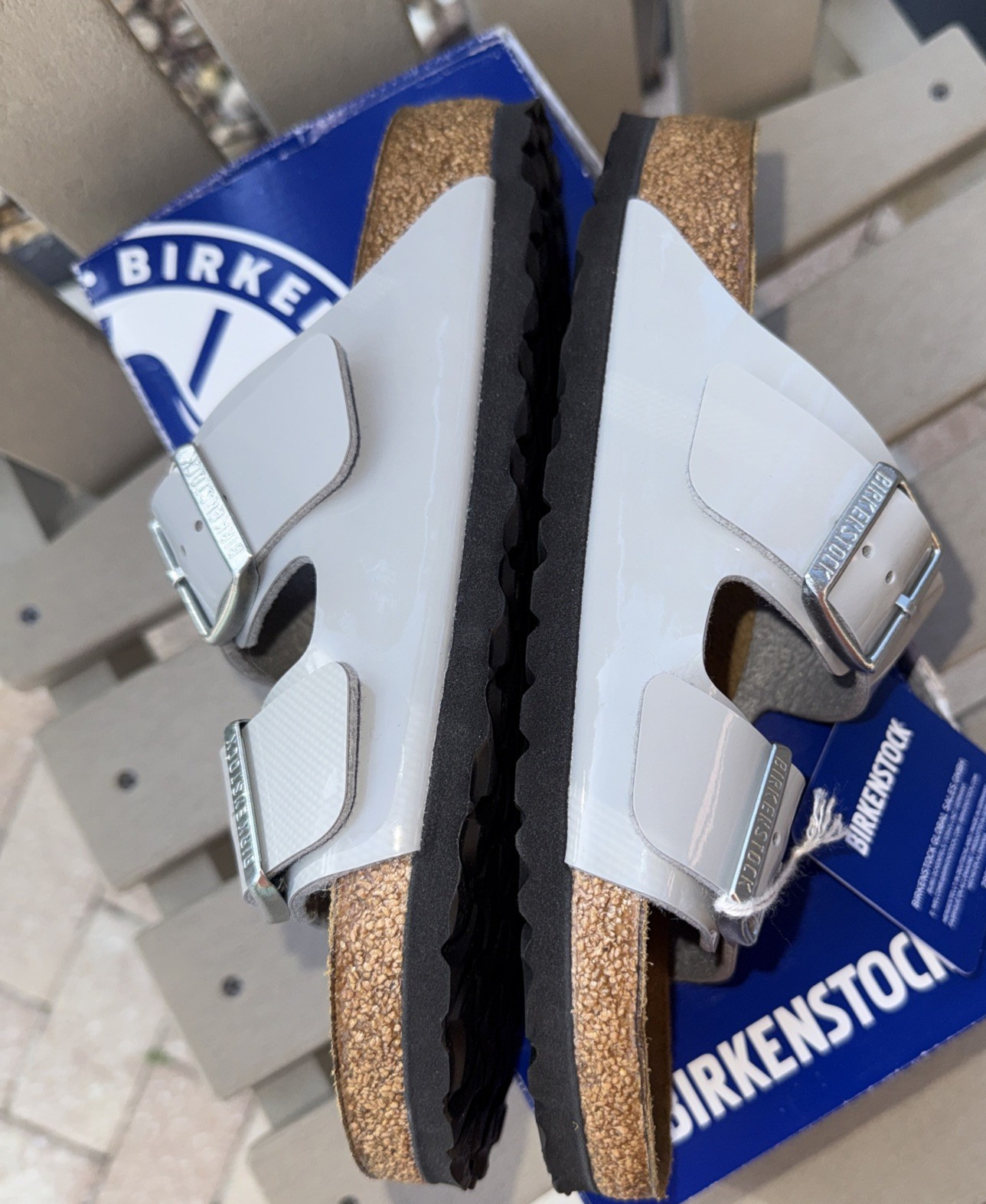 NWOB Birkenstock Arizona Patent Alloy Grey EU 38 Regular width US 7-8