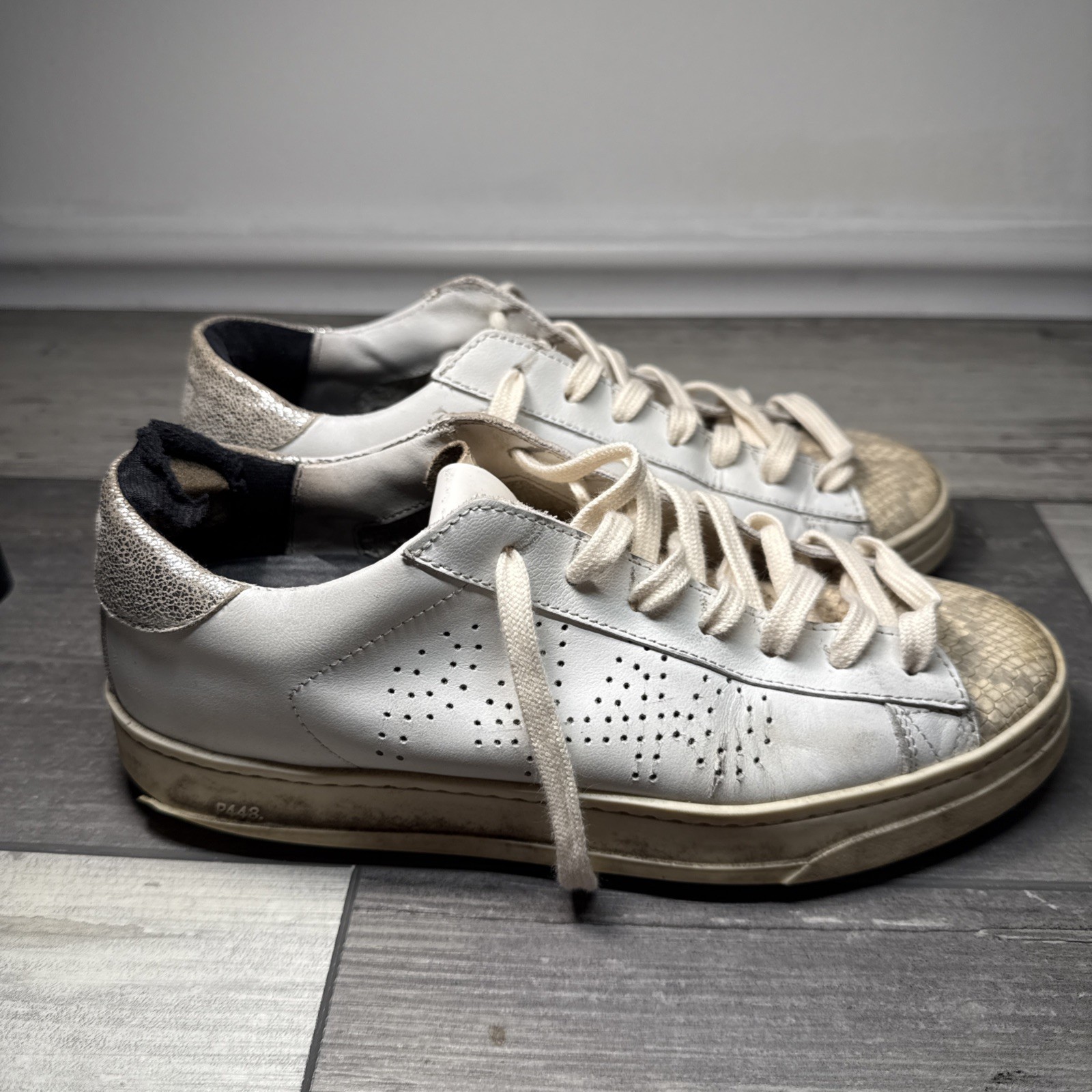 P448 Sneaker 6.5 White with Silver Glitter. Preowned See Photos Provided